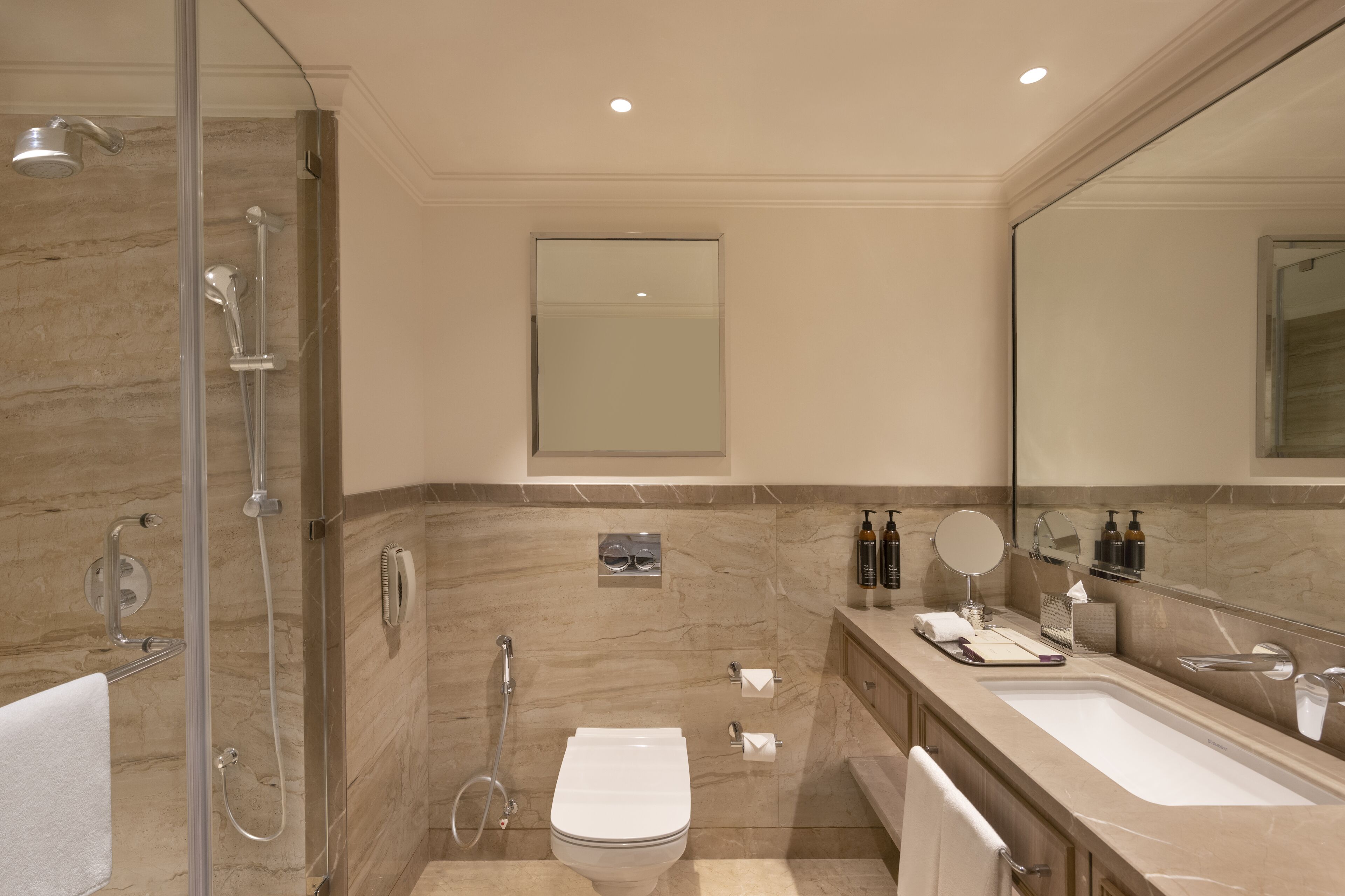 A modern bathroom with a glass-enclosed shower, a white toilet, a large mirror, and a vanity with toiletries.