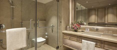 A modern bathroom with a glass-enclosed shower, a toilet, and a vanity with a large mirror.
