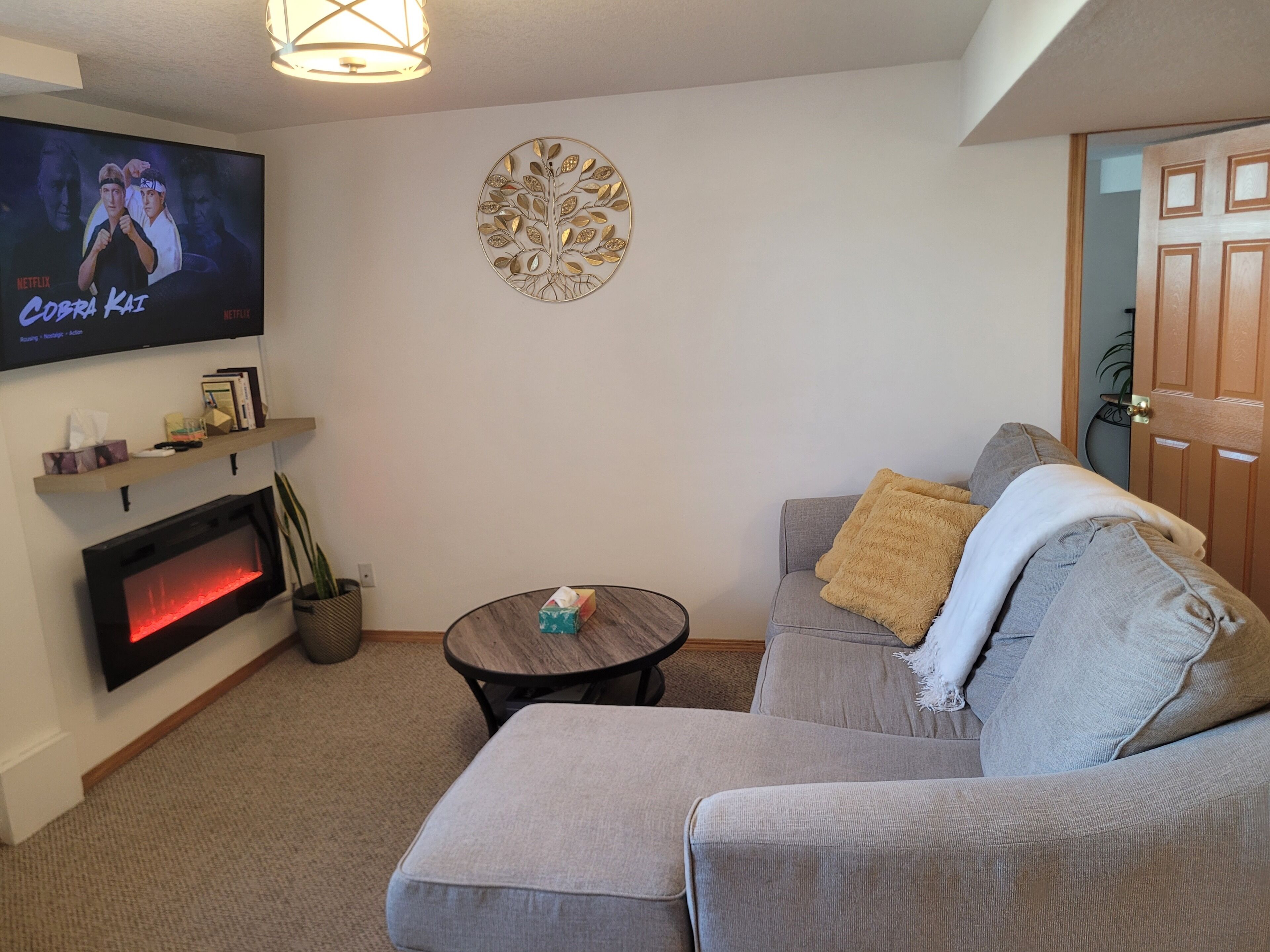 Living room with electric fireplace. 55 inch TV with Netflix, Prime and more