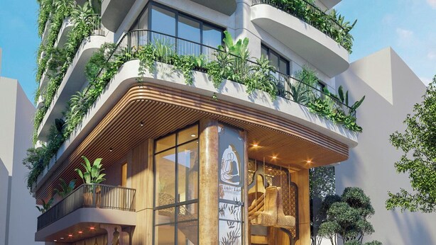 A modern building with multiple balconies, each adorned with lush greenery. - Crescendo Urban Stay (Hanoi)