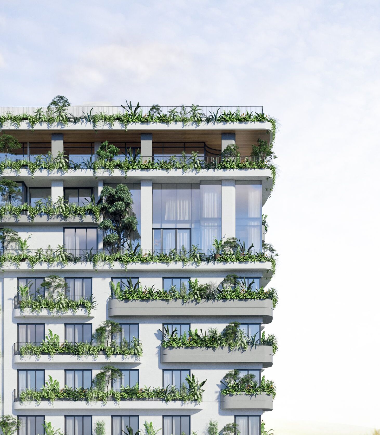 Un edificio de varios pisos con balcones cubiertos de vegetación.