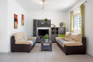 A modern living room with two sofas, a coffee table, a flat-screen TV, a fireplace, and a window with curtains.