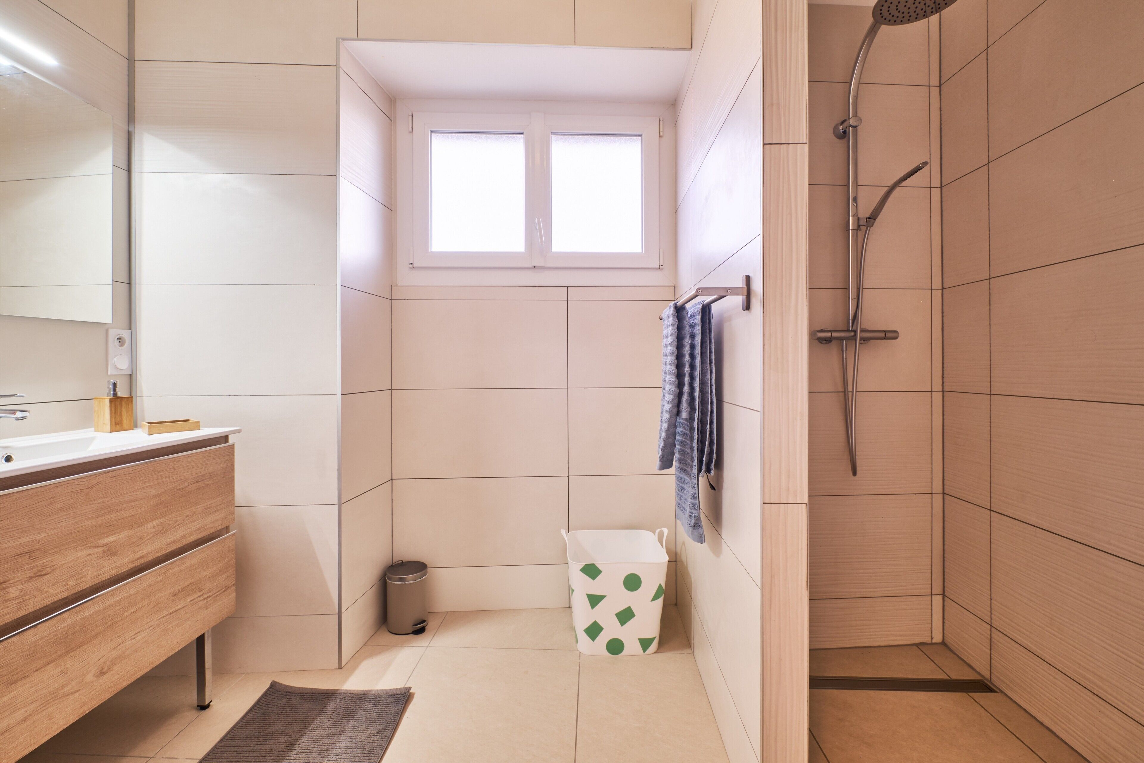 Shower, hair dryer, towels