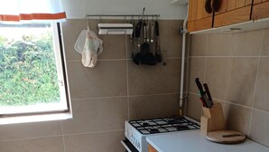 Cucina con piano cottura a gas, forno, pensili in legno, lavandino e finestra vista verde.