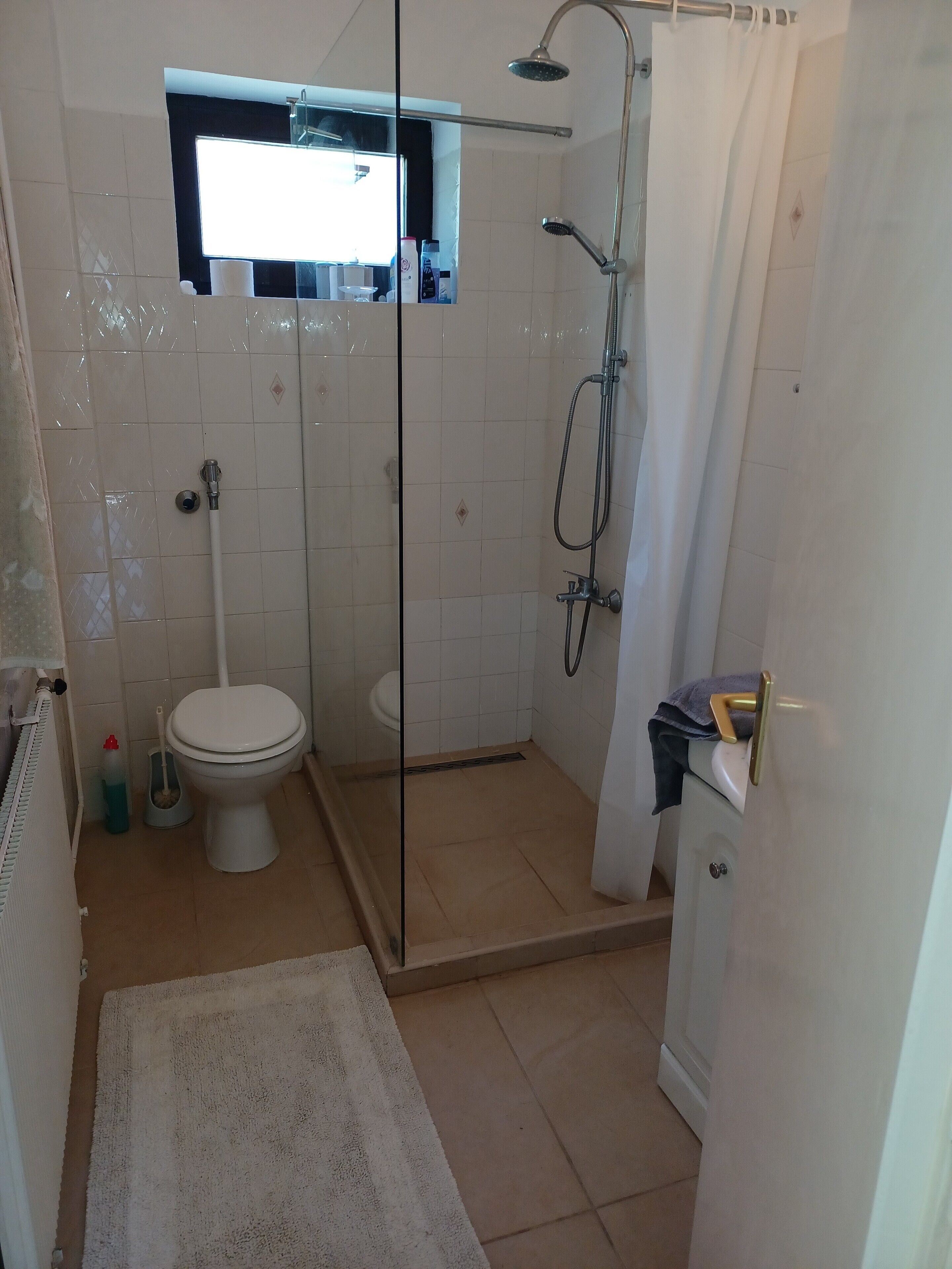 Regadera, secadora de cabello, toallas, jabón 