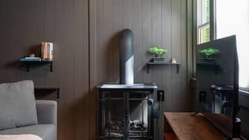 Una sala de estar acogedora con una estufa de leña, un sofá gris, una mesa de centro de madera y un tapete a rayas.