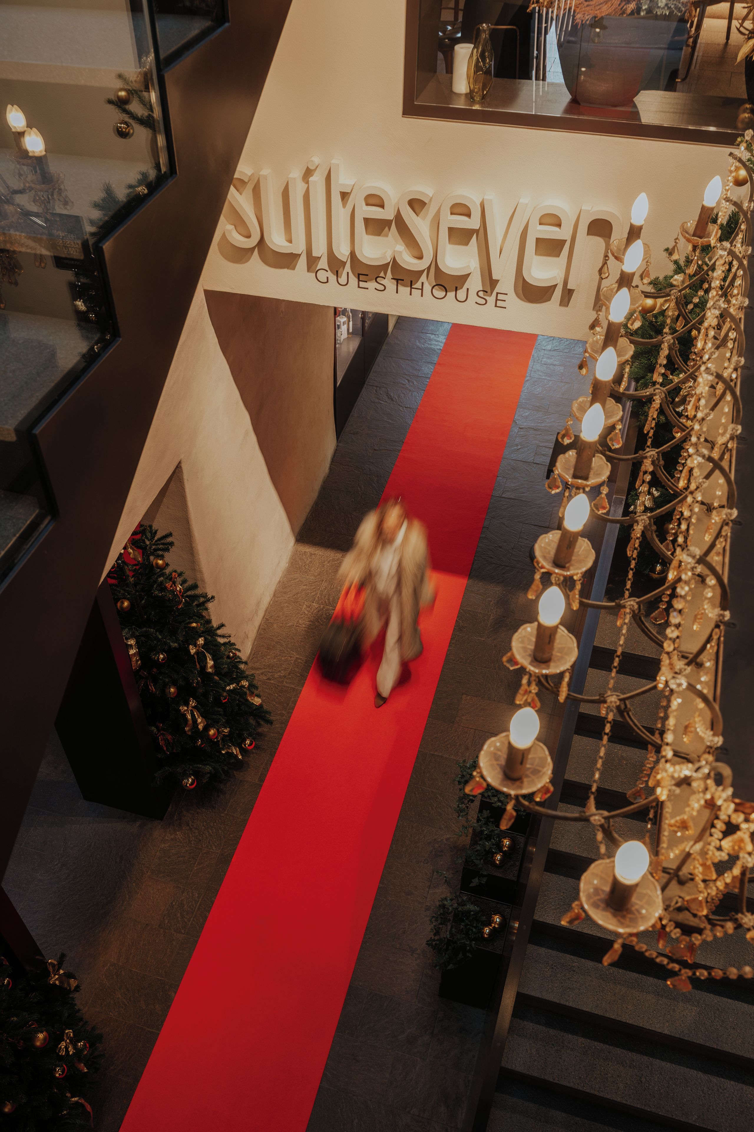 A hotel entrance with a red carpet leading to a staircase, a Christmas tree, and a sign reading 'Suisseven Guesthouse'.