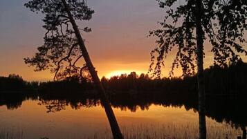 Un coucher de soleil sur un lac paisible, avec des arbres se découpant en silhouette sur le ciel.