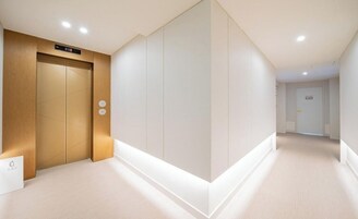 Un pasillo moderno con un ascensor de madera y una pared blanca con un panel vertical.
