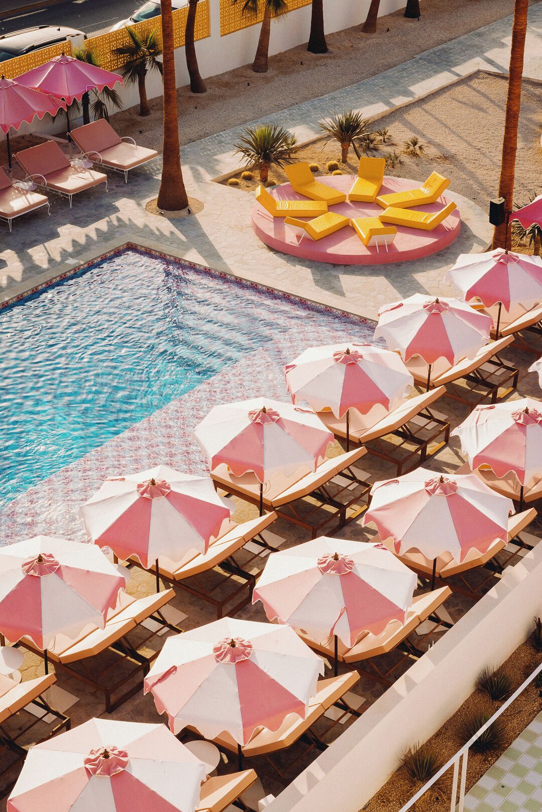 A pool area with lounge chairs and umbrellas, surrounded by palm trees and a decorative wall.