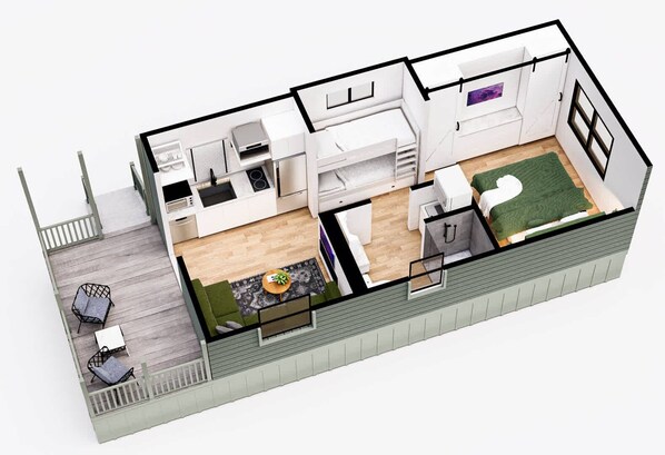 Enjoy a spacious living area with a sofa, coffee table, and dining space.