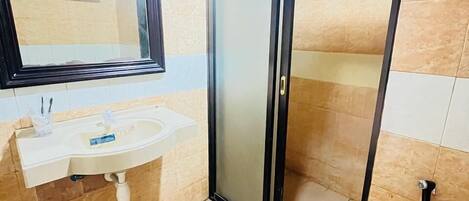 A bathroom with a sink, mirror, toilet, and a glass shower enclosure.