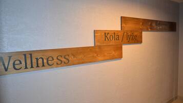 Wooden signs on a wall with the words "Wellness," "Kola / lyze," and "Aman."
