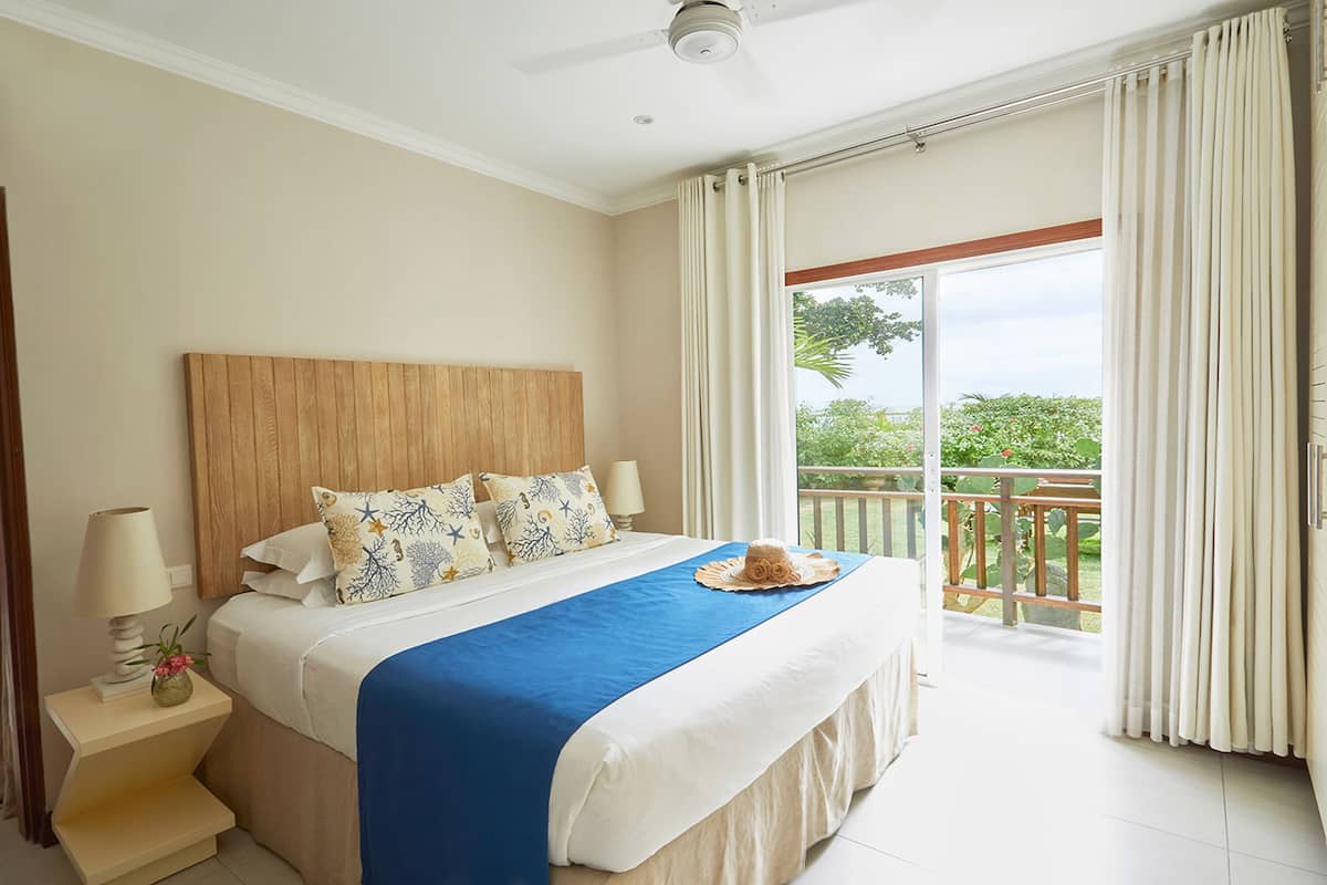 A hotel room with a large bed, a nightstand, a lamp, and a view of the outdoors.
