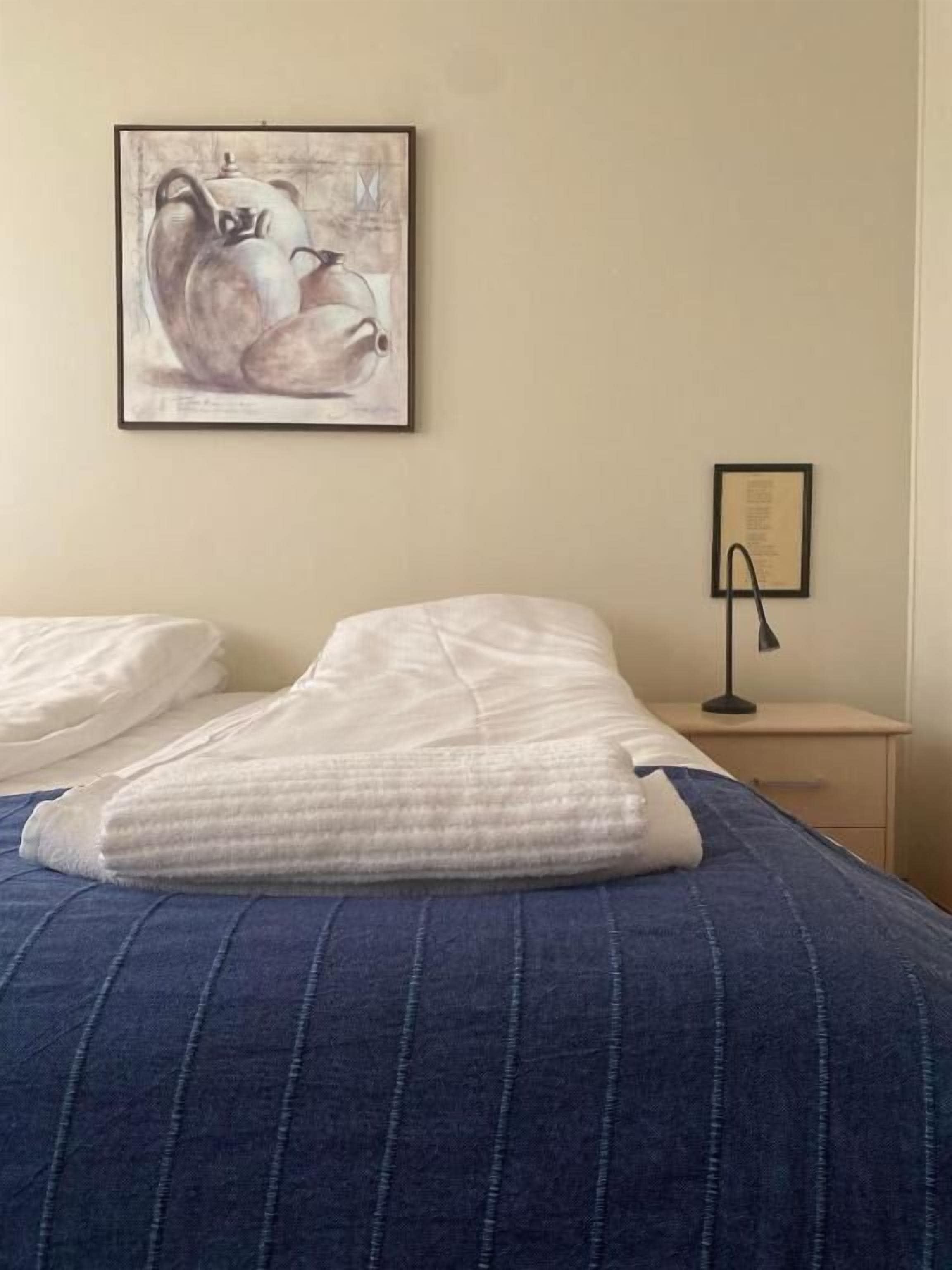 A neatly made bed with a blue blanket and white pillows, a framed painting on the wall, and a small bedside table with a lamp.