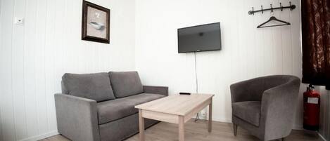 Un salon moderne avec un canapé gris, une table basse en bois et un fauteuil gris. Un téléviseur à écran plat est fixé au mur, et un extincteur est visible sur la droite.