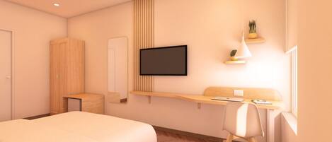 A modern hotel room with a bed, a desk with a chair, a TV, and a window.
