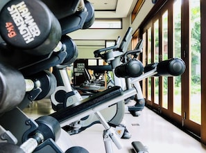 Une salle de sport équipée de matériel d’exercice, dotée de grandes fenêtres et offrant une vue sur la verdure environnante.