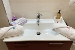 Shower, hair dryer, bidet, towels