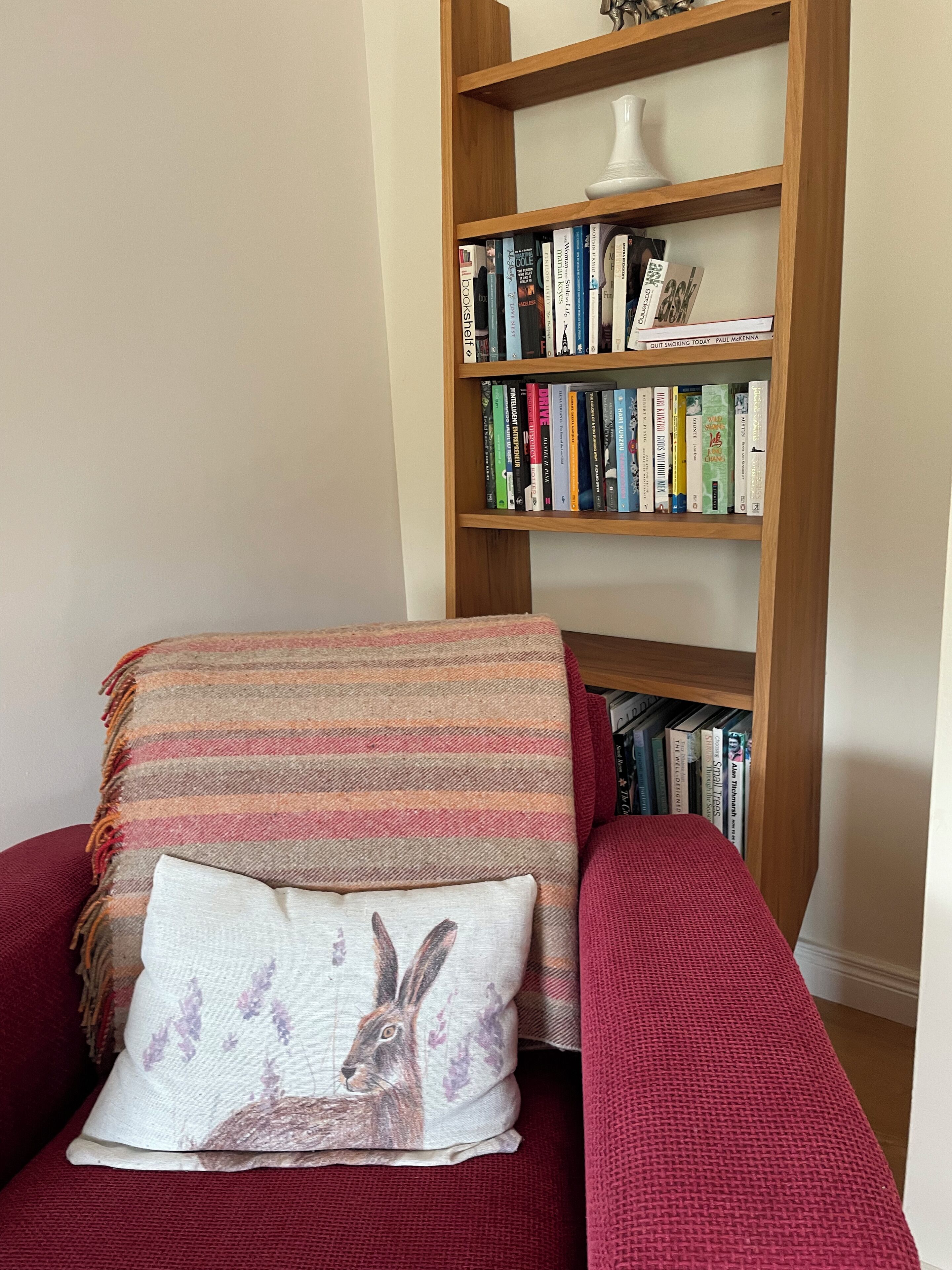 Un coin lecture accueillant avec un fauteuil rouge, une couverture à rayures et un coussin orné d’un motif de lapin. Une bibliothèque en bois remplie de livres se trouve à l’arrière-plan.