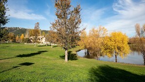 A grassy area with a pond, trees with autumn foliage, and a building in the background. - Lake Views Quiet House, no Neighbors. Less Than 10min Walk From Beach and Shops (Platja d'Aro)