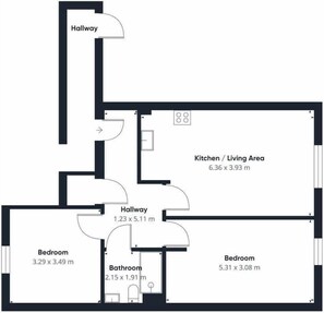 A floor plan with a kitchen/living area measuring 6.36 x 3.93 m, two bedrooms measuring 3.29 x 3.49 m and 5.31 x 3.08 m, a bathroom measuring 2.15 x 1.91 m, and hallways measuring 1.23 x 5.11 m.