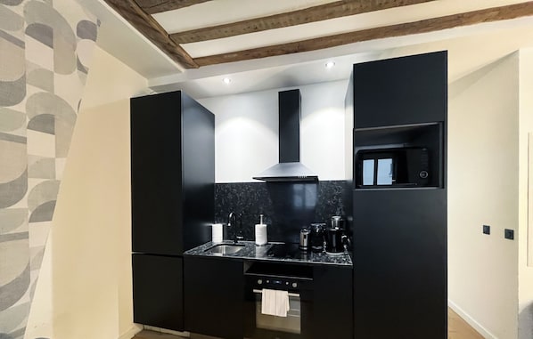 Fridge, microwave, oven, coffee/tea maker