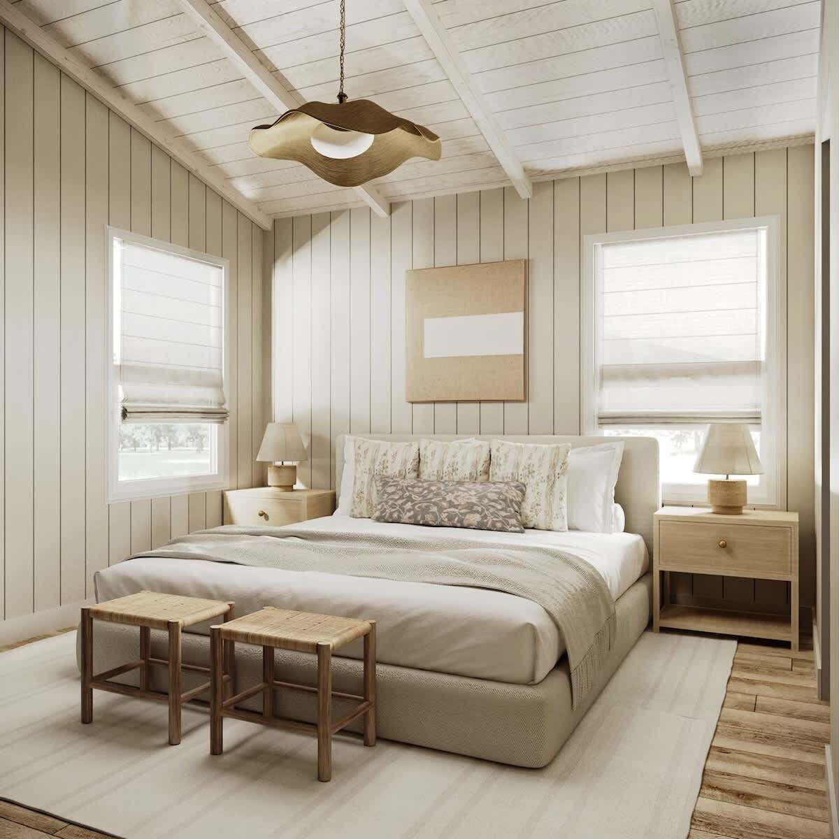 A bedroom with a bed, two bedside tables, a hanging light fixture, and a window with blinds.