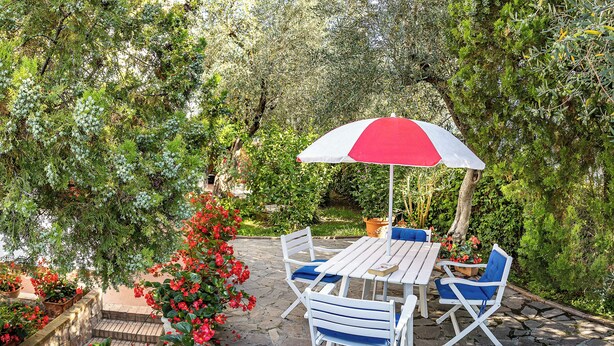 A patio with a table and chairs, surrounded by lush greenery and flowering plants. - Olivegrove Holiday House (Massalubrense)