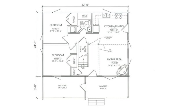 Plano de planta de una casa con dos dormitorios, cocina/comedor, sala de estar, porche con mosquiteras y porche cubierto.
