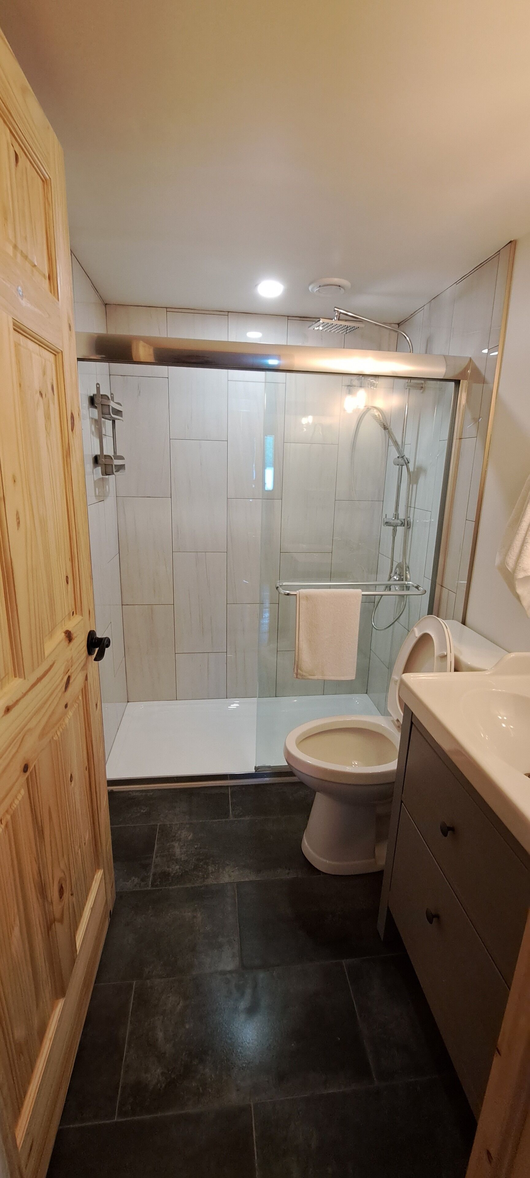 Ein Badezimmer mit Dusche, Toilette und Waschtisch.