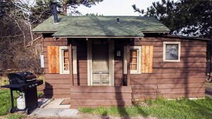A small wooden cabin with a green roof, a front door, and a window. - Triple R Cottages: 4 1 Bedroom Cabin (Estes Park)