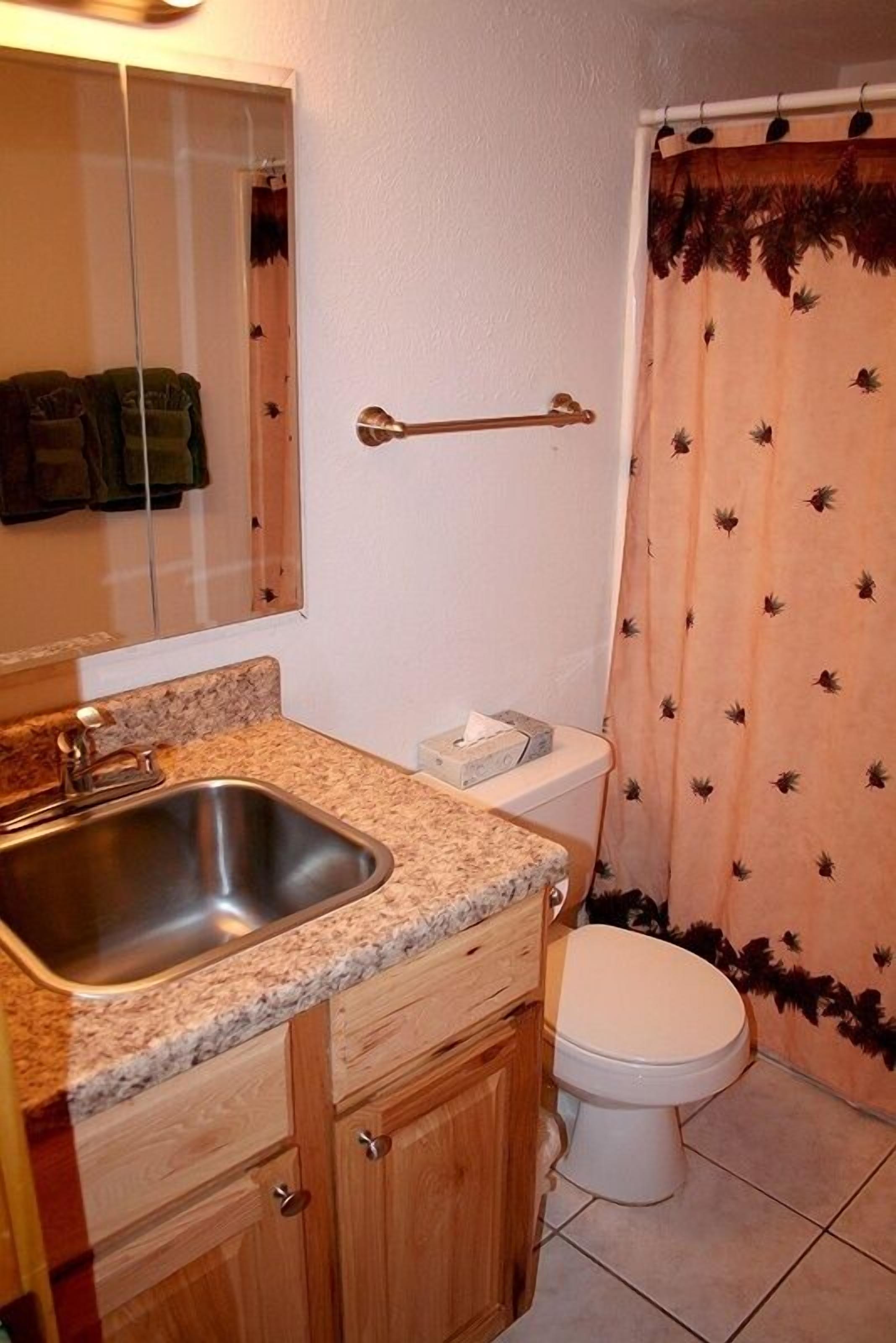 Une salle de bain avec un lavabo sur un plan de travail en granit, des toilettes et un rideau de douche orné d’un motif de feuilles.