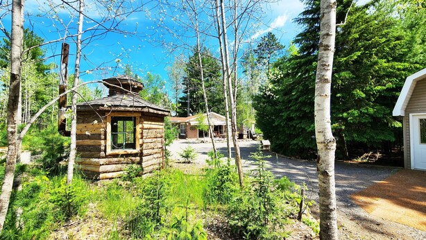 A rustic cabin with a chimney, surrounded by dense forest and a clear sky. - Cozy cabin on 5 acres of wooded land! (Wausaukee)