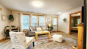 Smart TV, fireplace, books