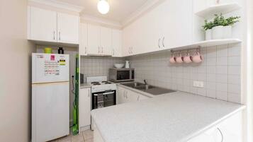Basic Apartment, 1 Queen Bed | Private kitchen | Fridge, microwave, oven, stovetop