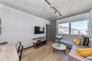 Apartamento básico, 1 cama de matrimonio grande | Zona de estar | Una televisión