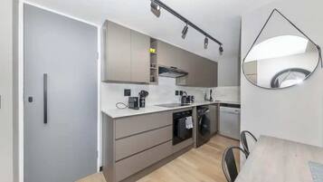 Basic Apartment, 1 King Bed | Private kitchen | Fridge, microwave, oven, stovetop