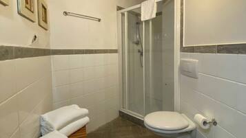 A bathroom with a shower, toilet, bidet, and bathtub.