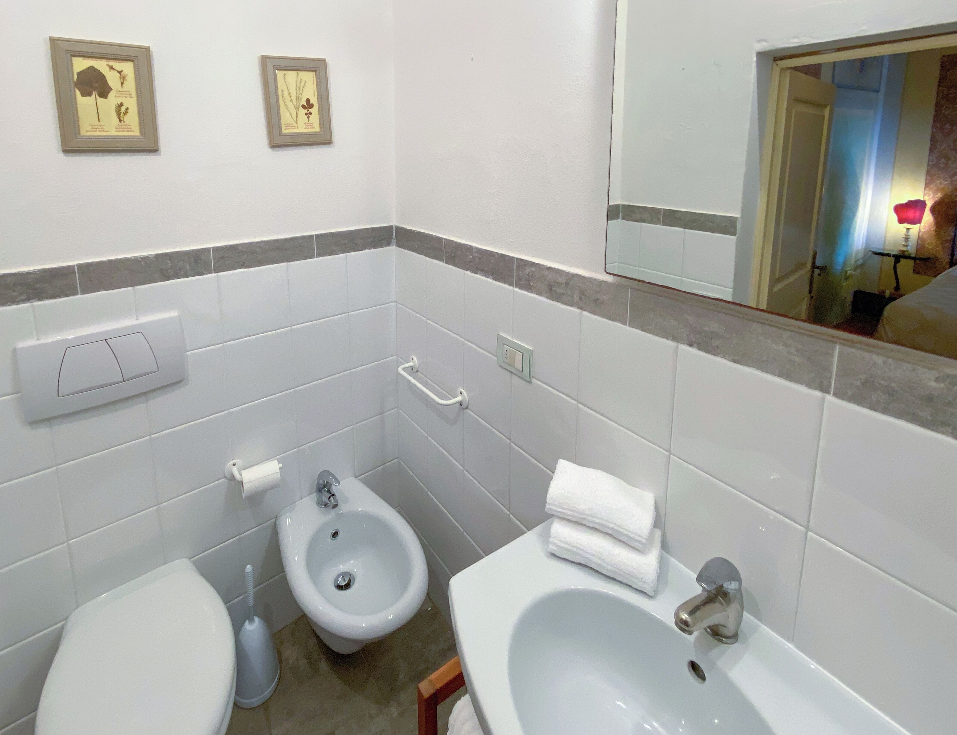 Une salle de bain comprenant des toilettes, un bidet et un lavabo, ainsi que deux reproductions botaniques encadrées accrochées au mur.