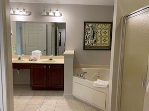 Jetted bath, hair dryer, towels, soap