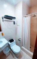 Un baño con inodoro, lavamanos y ducha.