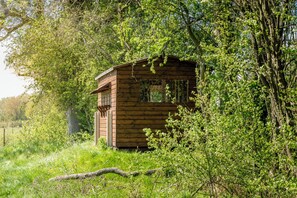 A small wooden cabin surrounded by dense greenery. - Daisy (Leominster)