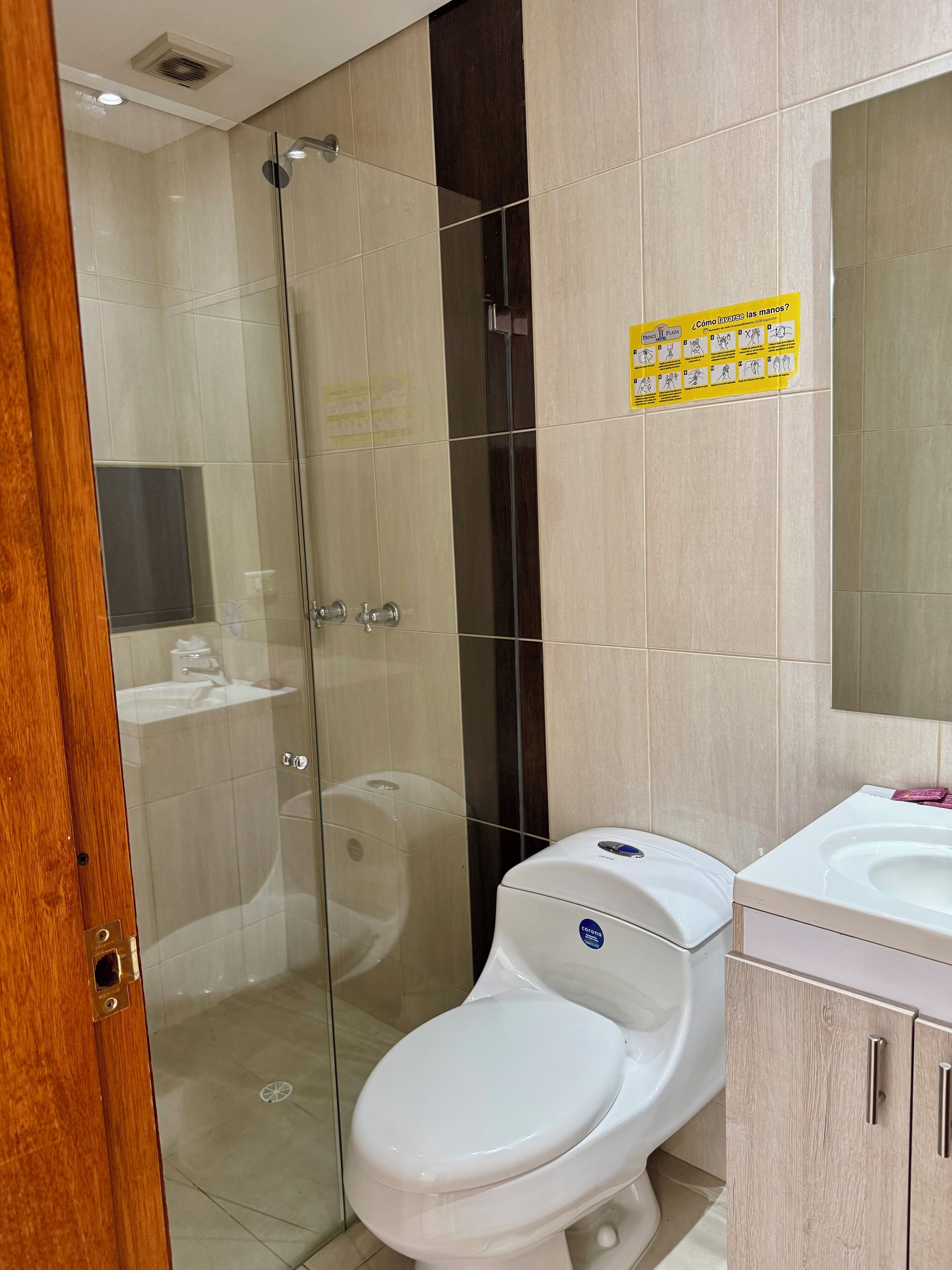 Un baño con ducha envuelta en vidrio, inodoro blanco y lavabo con espejo superior.