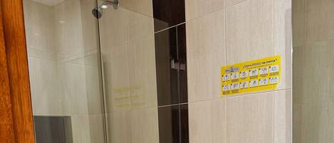 Un baño con ducha envuelta en vidrio, inodoro blanco y lavabo con espejo superior.