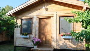 Une cabane en bois avec une porte d’entrée, deux fenêtres et un petit porche avec des marches.