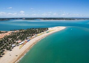 An aerial view of a beach with a row of colorful umbrellas and a line of trees. - Edifício Saint Thomaz (Maceió)