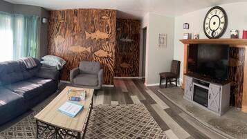 Smart TV, fireplace, DVD player, books