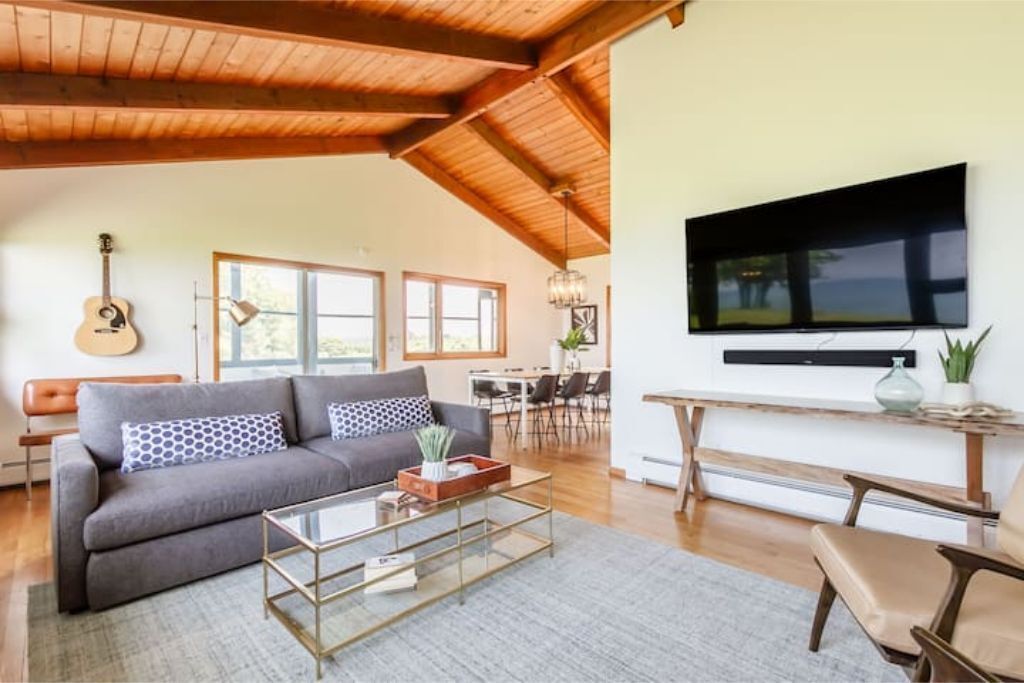 Smart TV, fireplace, books