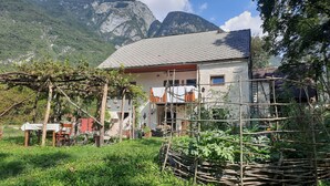 A house with a tiled roof, surrounded by greenery and mountains in the background. - In the middle of nature, an oasis of peace
 (Log Cezsoški)